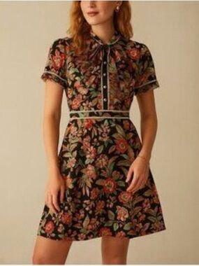 Dalia Macphee Womens Black Floral Birds Neck Tie Faux Pearl Button Short Dress L